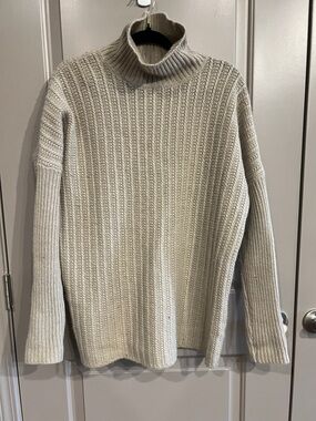 Garnet Hill Beige Ribbed Lambswool and Angora Turtleneck Sweater